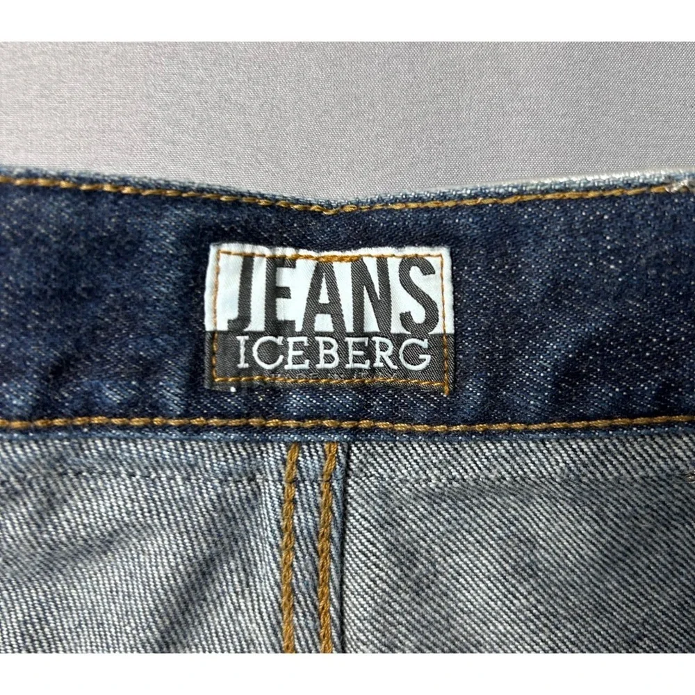 VTG‎ Iceberg Jeans Mens 36x32 Dark Wash Logo Print Wide Leg Denim Made in Italy